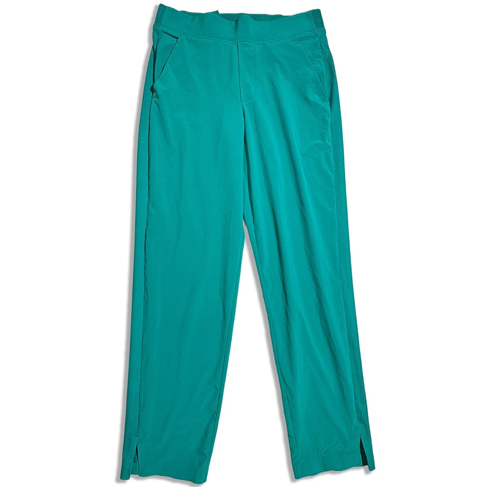 Athleta Brooklyn Ankle Pants Ribbed Waist Side Stripe Slit Hem Teal Womens 4